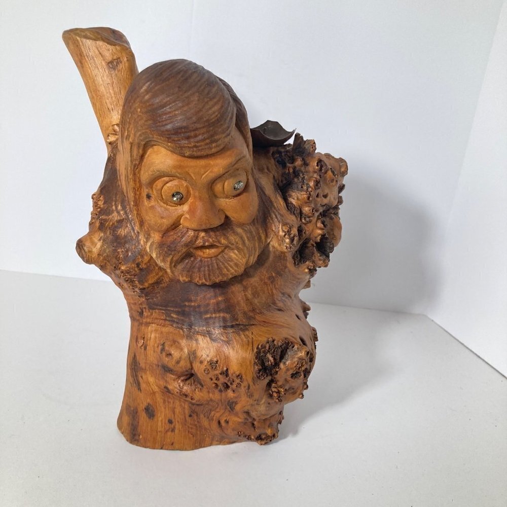 Vintage Russian Burl Wood Man Hunchback Holder Sculpture 1986 Signed 7 x 7 x 10"